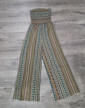 Strapless Smocked Wide-Leg Jumpsuit in Green Multi Stripe